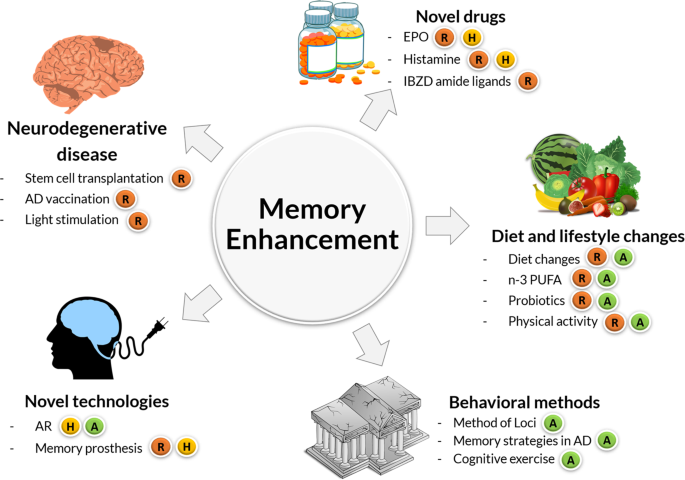 Image showing how memory may be improved by external factors such as drugs, supplements, exercise, mind games, good food etc.